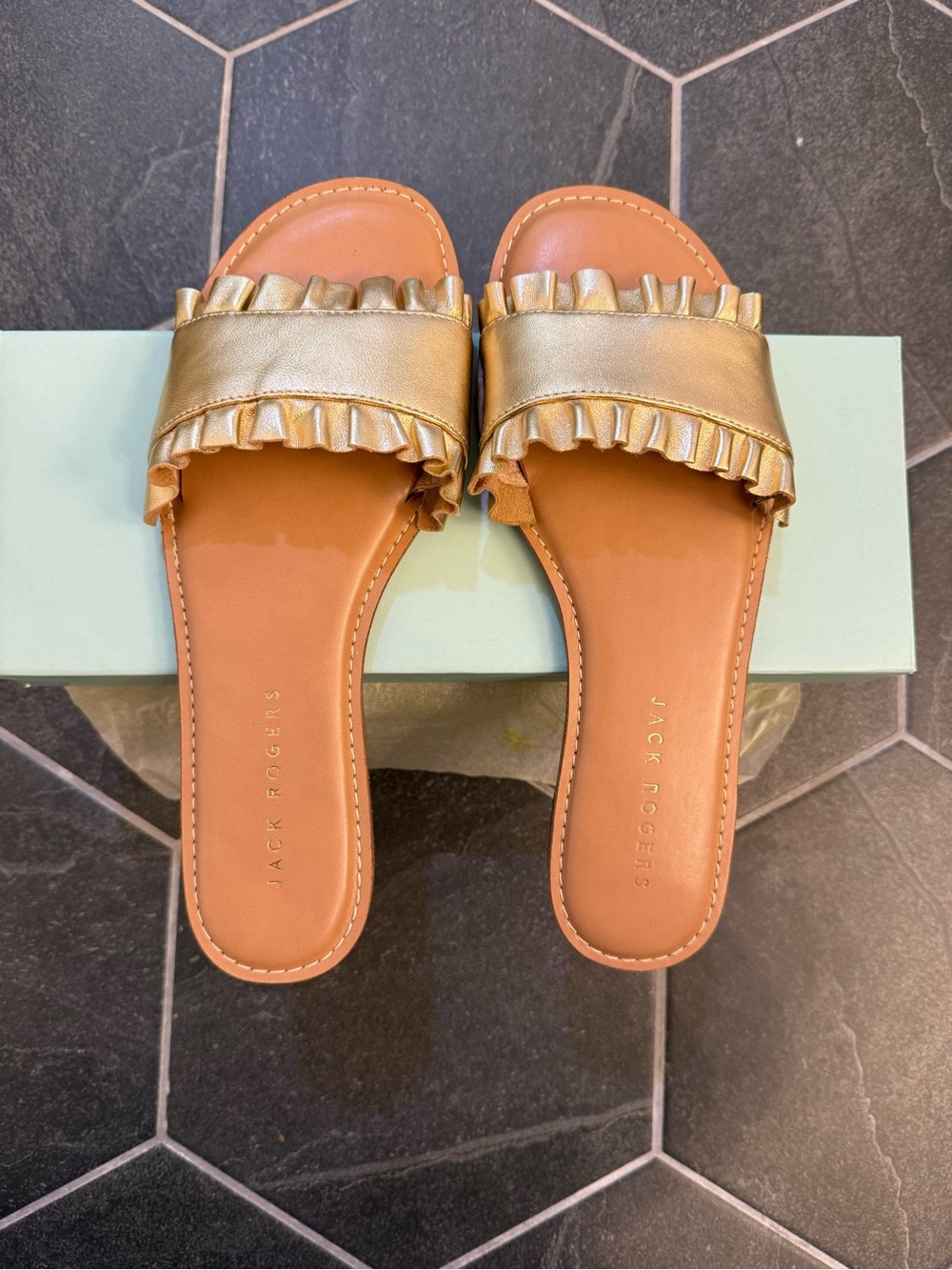 Jack Rogers Gold Ruffle Slide Sandals - Metallic Gold